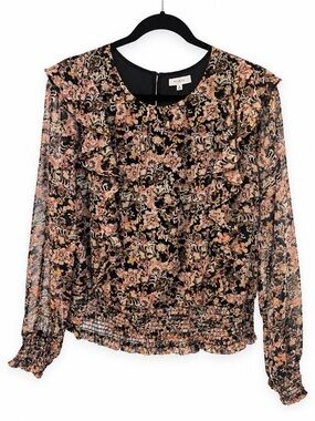Pleione Black Floral Ruffle Blouse with Pink Accents